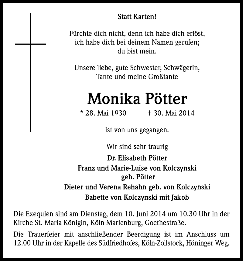  Traueranzeige für Monika Pötter vom 07.06.2014 aus Kölner Stadt-Anzeiger / Kölnische Rundschau / Express