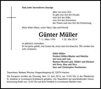 Anzeige von Günter Müller von Kölner Stadt-Anzeiger / Kölnische Rundschau / Express