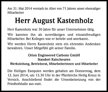 Anzeige von August Kastenholz von Kölner Stadt-Anzeiger / Kölnische Rundschau / Express