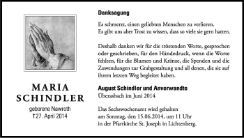 Anzeige von Maria Schindler von Kölner Stadt-Anzeiger / Kölnische Rundschau / Express