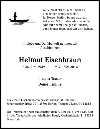 Anzeige von Helmut Eisenbraun von Kölner Stadt-Anzeiger / Kölnische Rundschau / Express