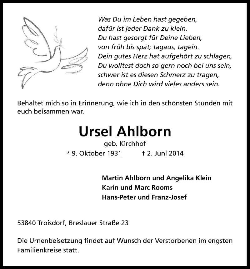  Traueranzeige für Ursel Ahlborn vom 07.06.2014 aus Kölner Stadt-Anzeiger / Kölnische Rundschau / Express