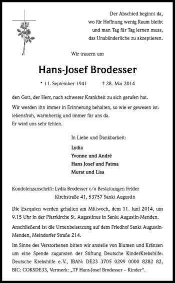 Anzeige von Hans-Josef Brodesser von Kölner Stadt-Anzeiger / Kölnische Rundschau / Express