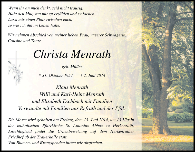  Traueranzeige für Christa Menrath vom 05.06.2014 aus Kölner Stadt-Anzeiger / Kölnische Rundschau / Express