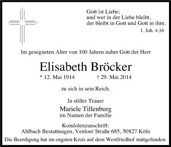 Anzeige von Elisabeth Bröcker von Kölner Stadt-Anzeiger / Kölnische Rundschau / Express