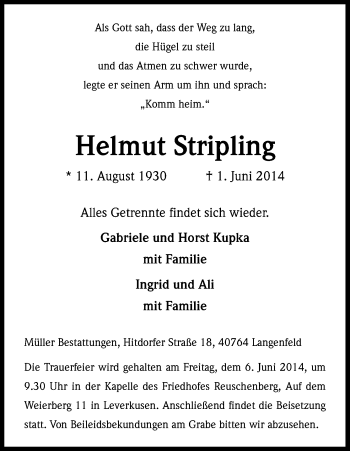 Anzeige von Helmut Stripling von Kölner Stadt-Anzeiger / Kölnische Rundschau / Express