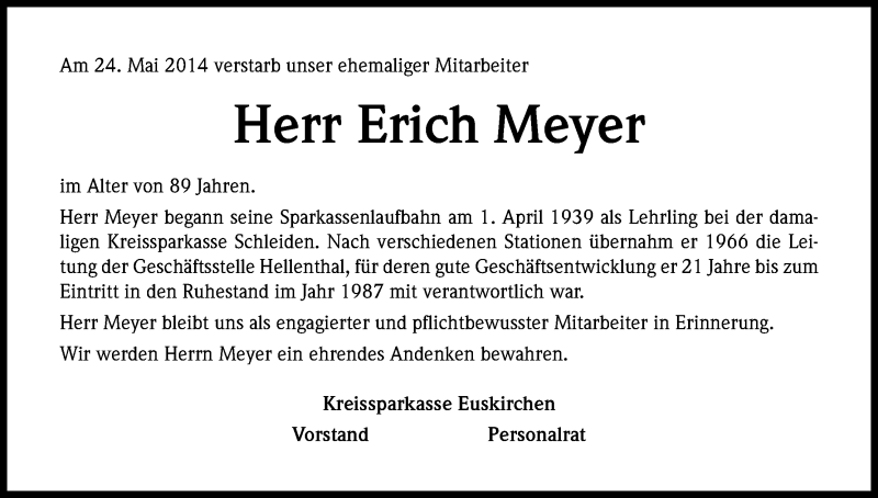  Traueranzeige für Erich Meyer vom 05.06.2014 aus Kölner Stadt-Anzeiger / Kölnische Rundschau / Express