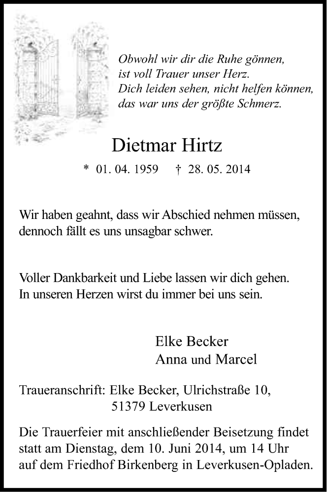  Traueranzeige für Dietmar Hirtz vom 05.06.2014 aus Kölner Stadt-Anzeiger / Kölnische Rundschau / Express