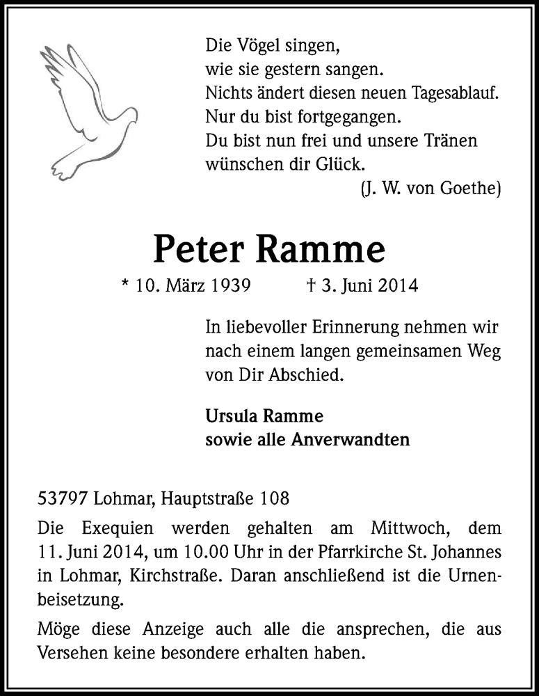  Traueranzeige für Peter Ramme vom 07.06.2014 aus Kölner Stadt-Anzeiger / Kölnische Rundschau / Express