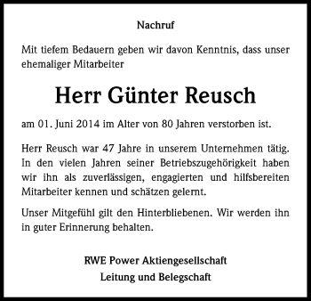 Anzeige von Günter Reusch von Kölner Stadt-Anzeiger / Kölnische Rundschau / Express