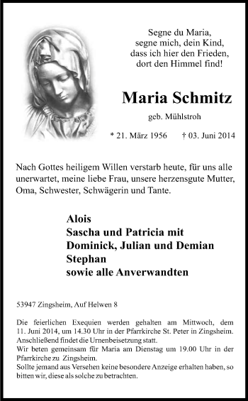 Anzeige von Maria Schmitz von Kölner Stadt-Anzeiger / Kölnische Rundschau / Express