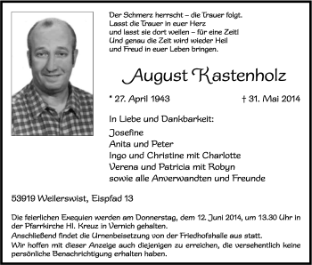 Anzeige von August Kastenholz von Kölner Stadt-Anzeiger / Kölnische Rundschau / Express