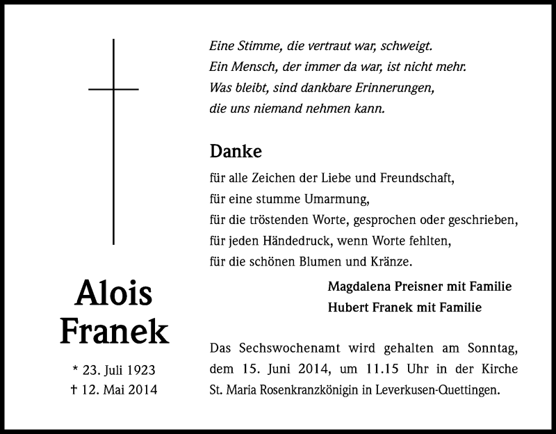  Traueranzeige für Alois Franek vom 07.06.2014 aus Kölner Stadt-Anzeiger / Kölnische Rundschau / Express