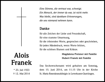 Anzeige von Alois Franek von Kölner Stadt-Anzeiger / Kölnische Rundschau / Express