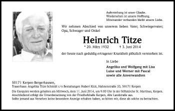 Anzeige von Heinrich Titze von Kölner Stadt-Anzeiger / Kölnische Rundschau / Express
