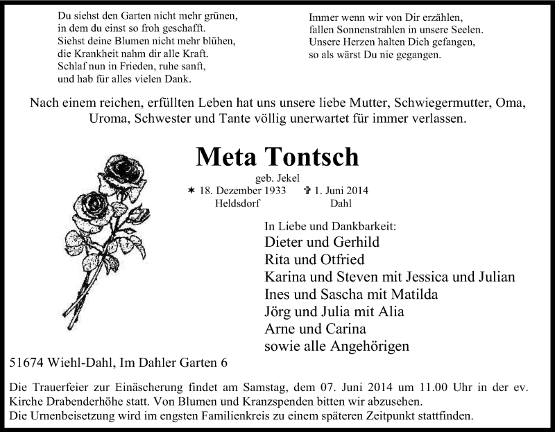  Traueranzeige für Meta Tontsch vom 05.06.2014 aus Kölner Stadt-Anzeiger / Kölnische Rundschau / Express