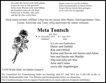 Anzeige von Meta Tontsch von Kölner Stadt-Anzeiger / Kölnische Rundschau / Express
