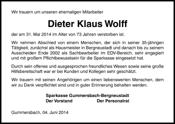 Anzeige von Dieter Klaus Wolff von Kölner Stadt-Anzeiger / Kölnische Rundschau / Express