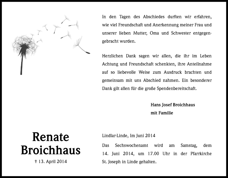  Traueranzeige für Renate Broichhaus vom 07.06.2014 aus Kölner Stadt-Anzeiger / Kölnische Rundschau / Express