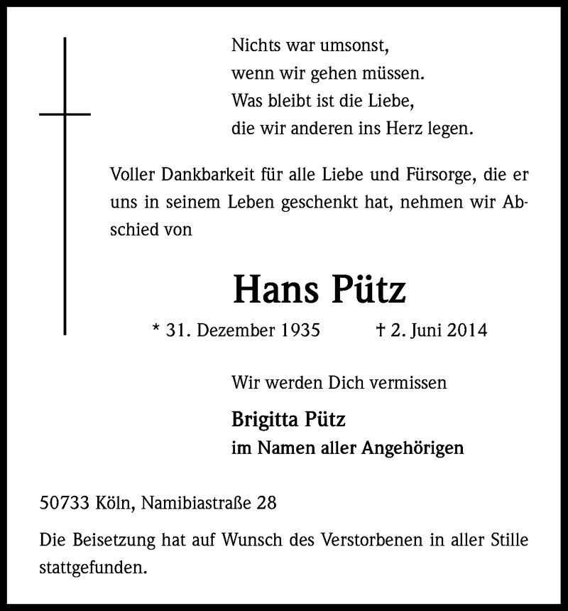  Traueranzeige für Hans Pütz vom 07.06.2014 aus Kölner Stadt-Anzeiger / Kölnische Rundschau / Express