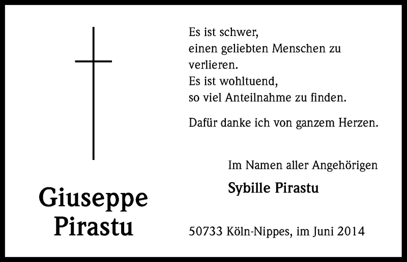  Traueranzeige für Giuseppe Pirastu vom 07.06.2014 aus Kölner Stadt-Anzeiger / Kölnische Rundschau / Express