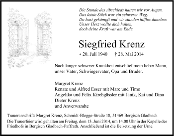 Anzeige von Siegfried Krenz von Kölner Stadt-Anzeiger / Kölnische Rundschau / Express