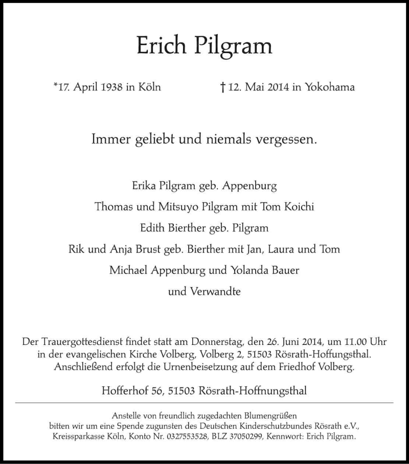  Traueranzeige für Erich Pilgram vom 07.06.2014 aus Kölner Stadt-Anzeiger / Kölnische Rundschau / Express