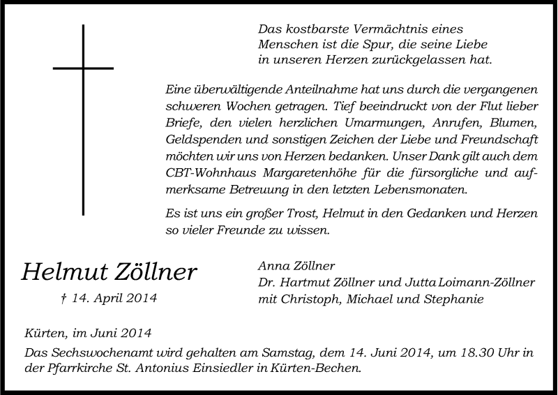  Traueranzeige für Helmut Zöllner vom 07.06.2014 aus Kölner Stadt-Anzeiger / Kölnische Rundschau / Express