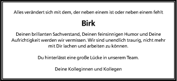 Anzeige von Birk  von Kölner Stadt-Anzeiger / Kölnische Rundschau / Express