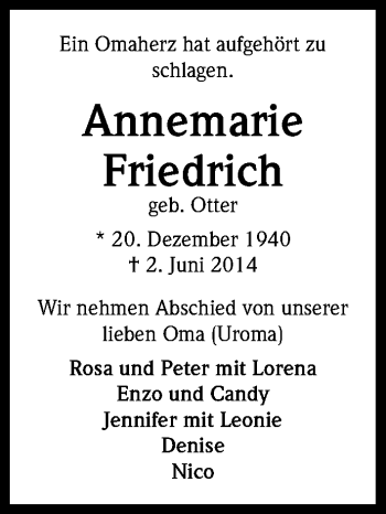 Anzeige von Annemarie Friedrich von Kölner Stadt-Anzeiger / Kölnische Rundschau / Express