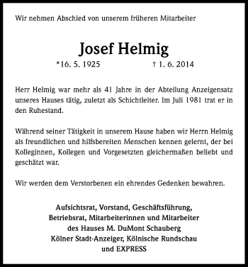 Anzeige von Josef Helmig von Kölner Stadt-Anzeiger / Kölnische Rundschau / Express