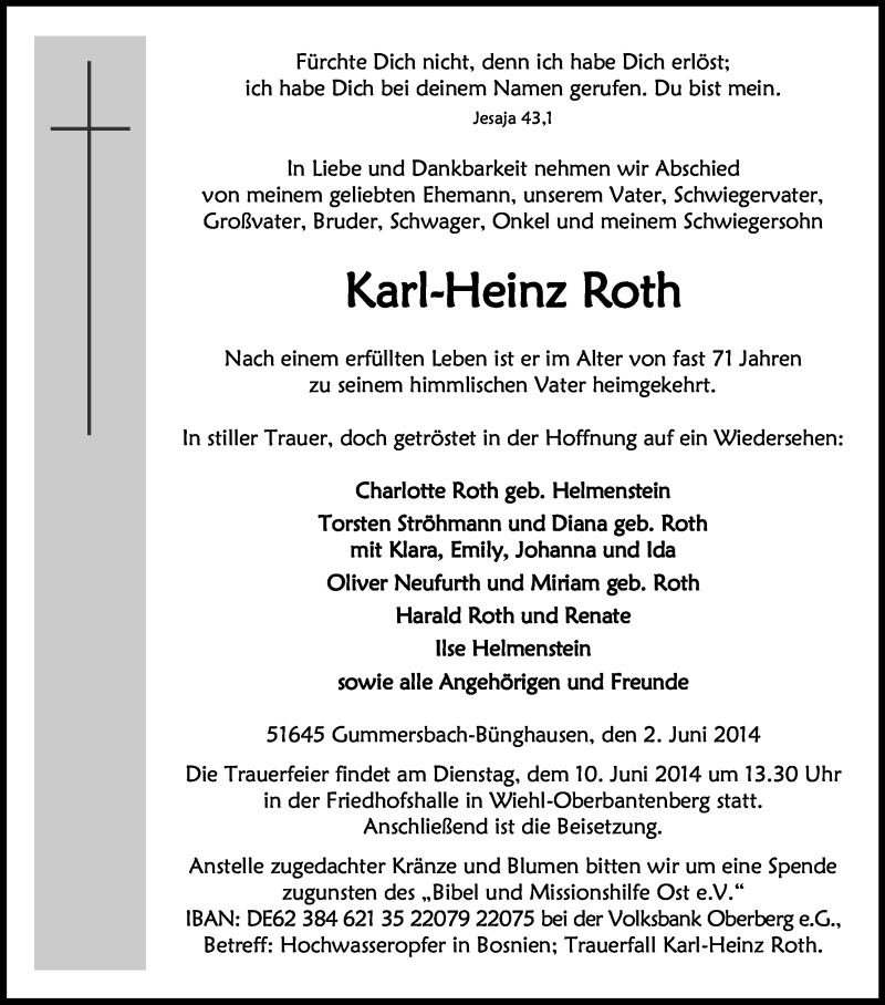  Traueranzeige für Karl-Heinz Roth vom 07.06.2014 aus Kölner Stadt-Anzeiger / Kölnische Rundschau / Express