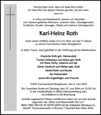 Anzeige von Karl-Heinz Roth von Kölner Stadt-Anzeiger / Kölnische Rundschau / Express