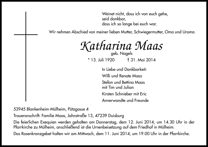  Traueranzeige für Katharina Maas vom 07.06.2014 aus Kölner Stadt-Anzeiger / Kölnische Rundschau / Express