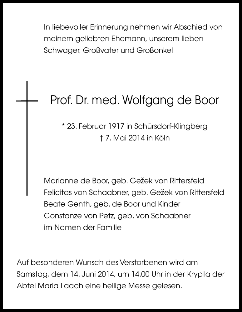  Traueranzeige für Wolfgang de Boor vom 07.06.2014 aus Kölner Stadt-Anzeiger / Kölnische Rundschau / Express