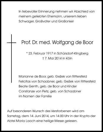 Anzeige von Wolfgang de Boor von Kölner Stadt-Anzeiger / Kölnische Rundschau / Express
