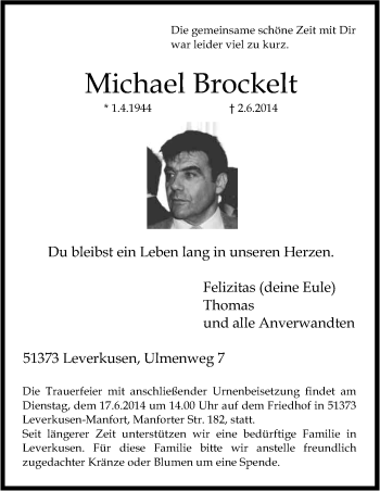 Anzeige von Michael Brockelt von Kölner Stadt-Anzeiger / Kölnische Rundschau / Express