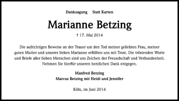 Anzeige von Marianne Betzing von Kölner Stadt-Anzeiger / Kölnische Rundschau / Express