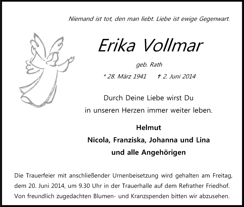  Traueranzeige für Erika Vollmar vom 06.06.2014 aus Kölner Stadt-Anzeiger / Kölnische Rundschau / Express