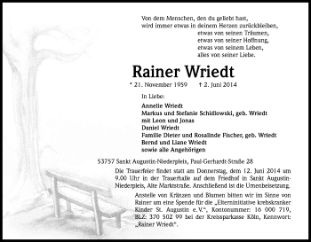 Anzeige von Rainer Wriedt von Kölner Stadt-Anzeiger / Kölnische Rundschau / Express