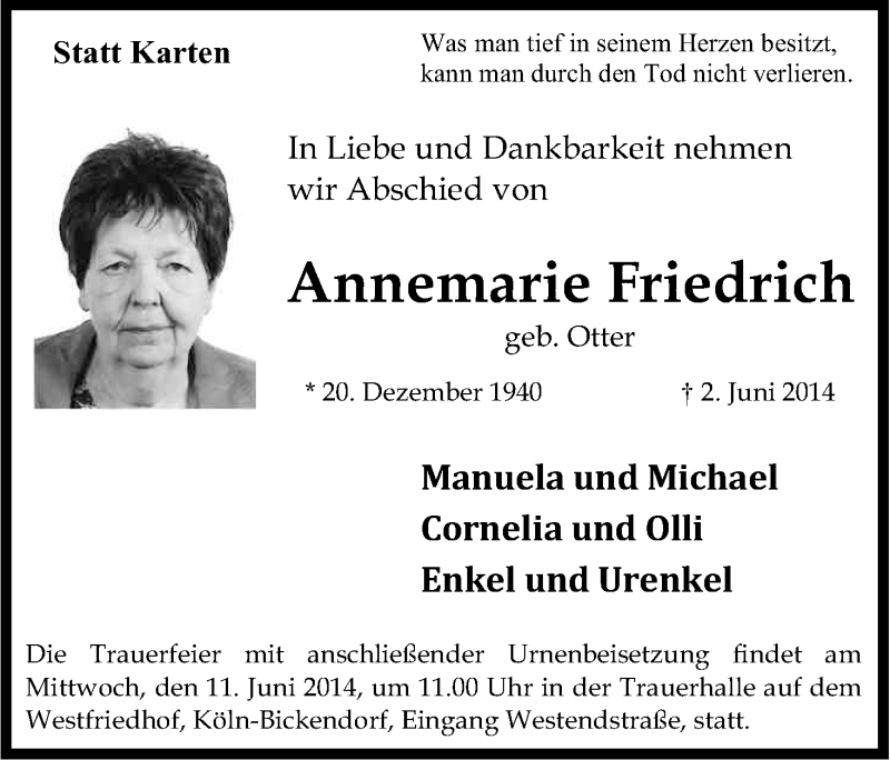  Traueranzeige für Annemarie Friedrich vom 07.06.2014 aus Kölner Stadt-Anzeiger / Kölnische Rundschau / Express