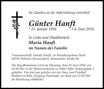 Anzeige von Günter Hanft von Kölner Stadt-Anzeiger / Kölnische Rundschau / Express