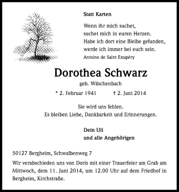 Anzeige von Dorothea Schwarz von Kölner Stadt-Anzeiger / Kölnische Rundschau / Express
