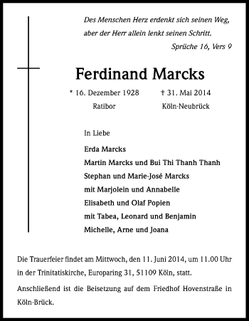 Anzeige von Ferdinand Marcks von Kölner Stadt-Anzeiger / Kölnische Rundschau / Express