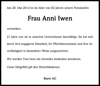 Anzeige von Anni Iwen von Kölner Stadt-Anzeiger / Kölnische Rundschau / Express