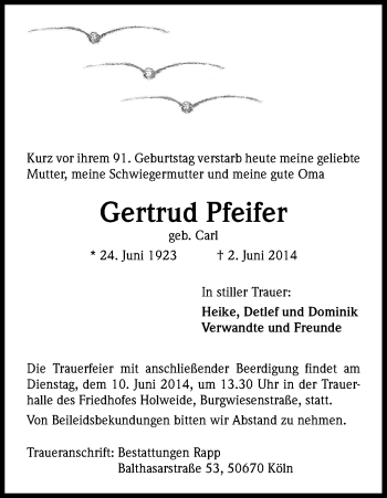Anzeige von Gertrud Pfeifer von Kölner Stadt-Anzeiger / Kölnische Rundschau / Express