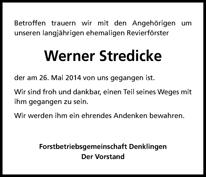  Traueranzeige für Werner Stredicke vom 07.06.2014 aus Kölner Stadt-Anzeiger / Kölnische Rundschau / Express
