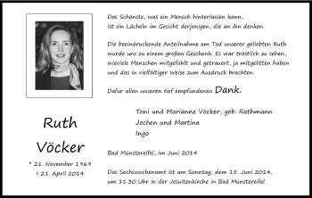 Anzeige von Ruth Vöcker von Kölner Stadt-Anzeiger / Kölnische Rundschau / Express