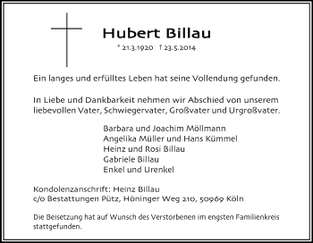 Anzeige von Hubert Billau von Kölner Stadt-Anzeiger / Kölnische Rundschau / Express
