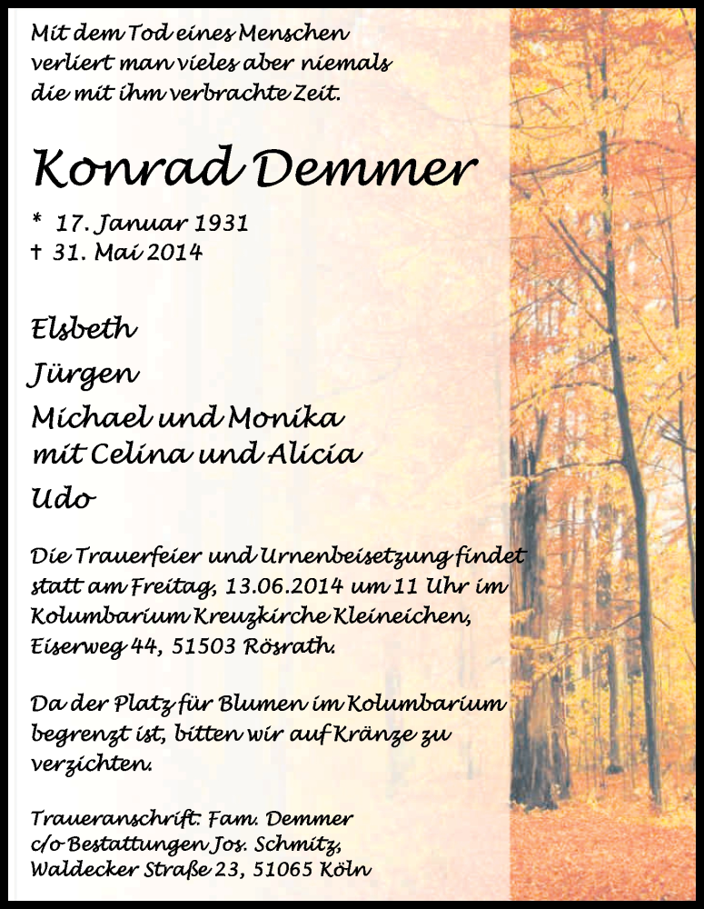  Traueranzeige für Konrad Demmer vom 07.06.2014 aus Kölner Stadt-Anzeiger / Kölnische Rundschau / Express